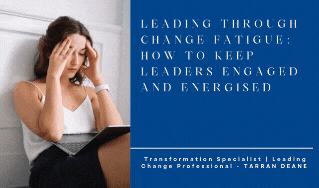 image shows Change Fatigue Female executive leader navigating change saturation and fatigue
