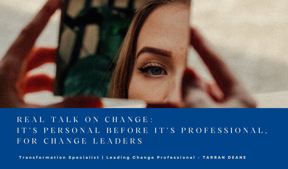 Thjis is a blog post thumbnail showing a woman looking into a small mirror, depicting change is personal before it's professional.