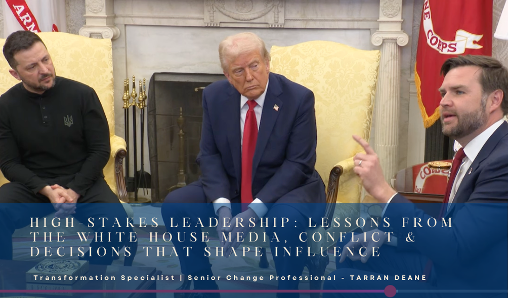 Image of the Whitehouse Meeting supporting the article written by Tarran Deane - High-Stakes Leadership Lessons from the White House Media, Conflict & Decisions That Shape Influence - with Tarran Deane, Transformation Specialist and Senior Change Strategist © Copyright | Tarran Deane 2025