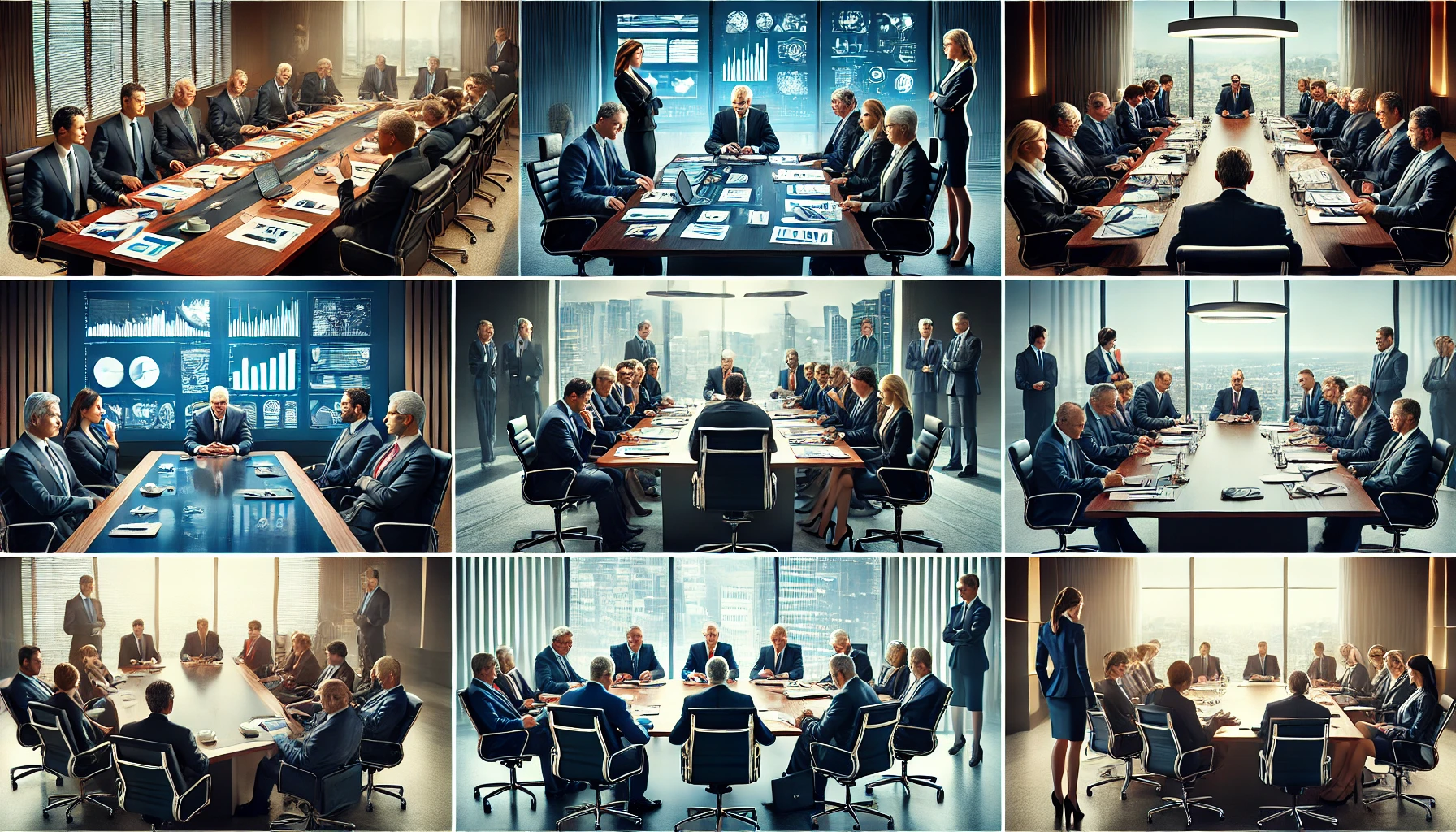 9 separate images depicting High-stakes leadership in a variety of corporate settings, including boardroom discussions, crisis management, negotiations, and strategic planning by Tarran Deane © 2025 copyright