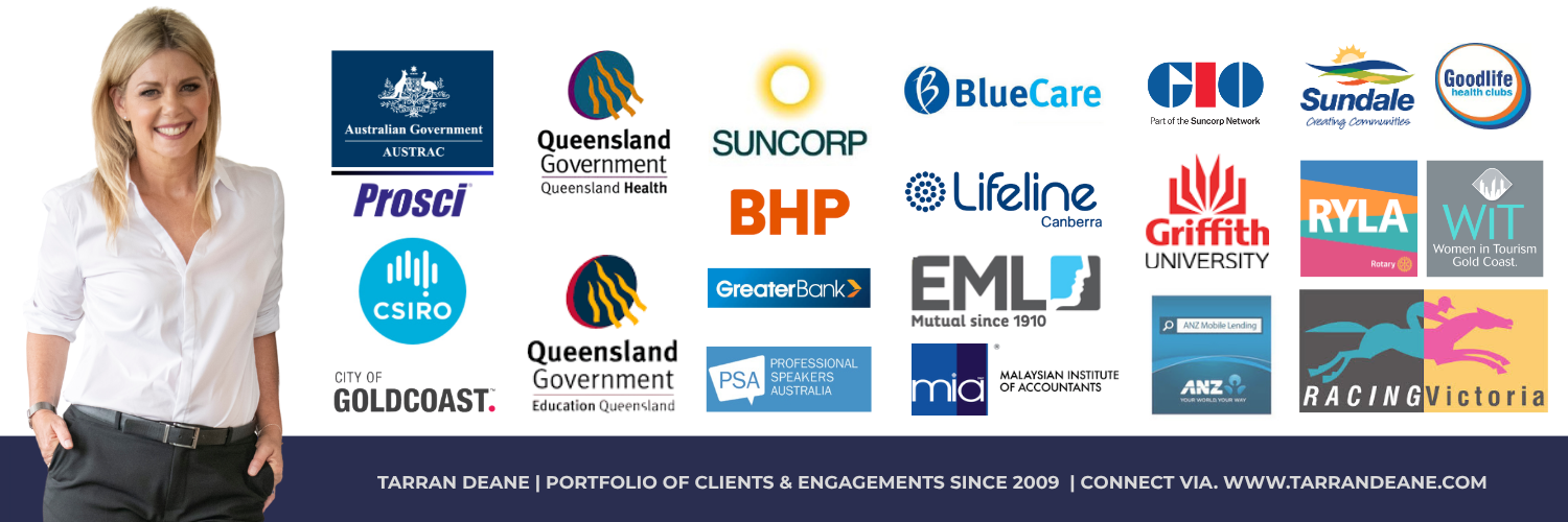 This image depicts Tarran Deane Leadership and Change specialist with both portfolio logos of clients and fixed term contracts