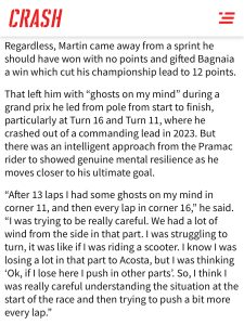 Excerpt from article on MOTOGP rider Jorge Martin's recent Lombok Indonesia win.